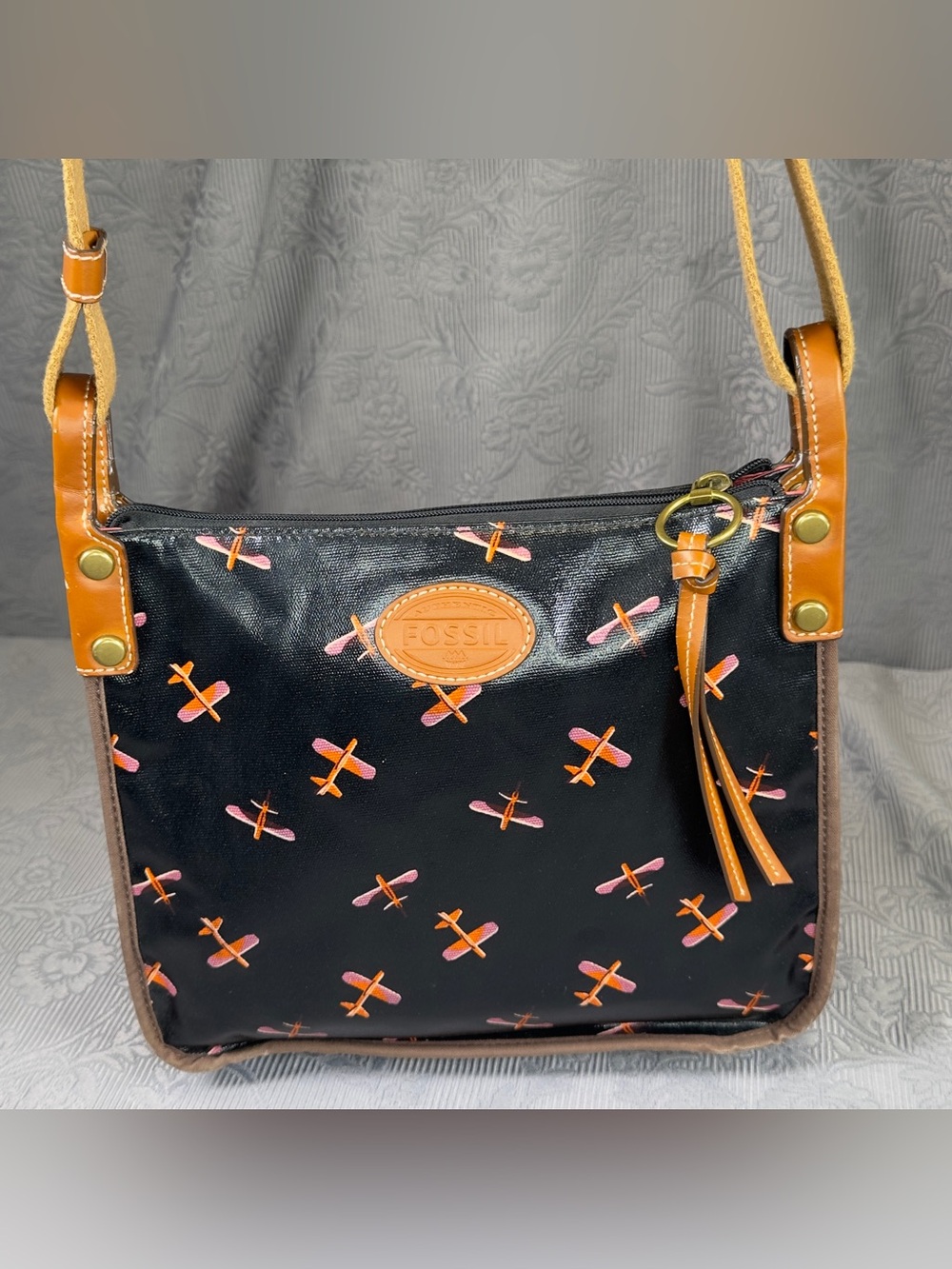 Fossil ZB5894 Airplane Print Coated Canvas Crossbody Bag Black Brown Purse